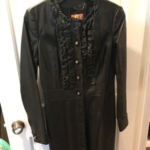 Tory Burch Black Leather Jacket with Ruffle Accents Size 4